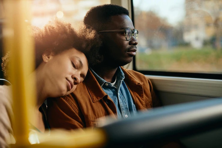 Couple traveling on a bus